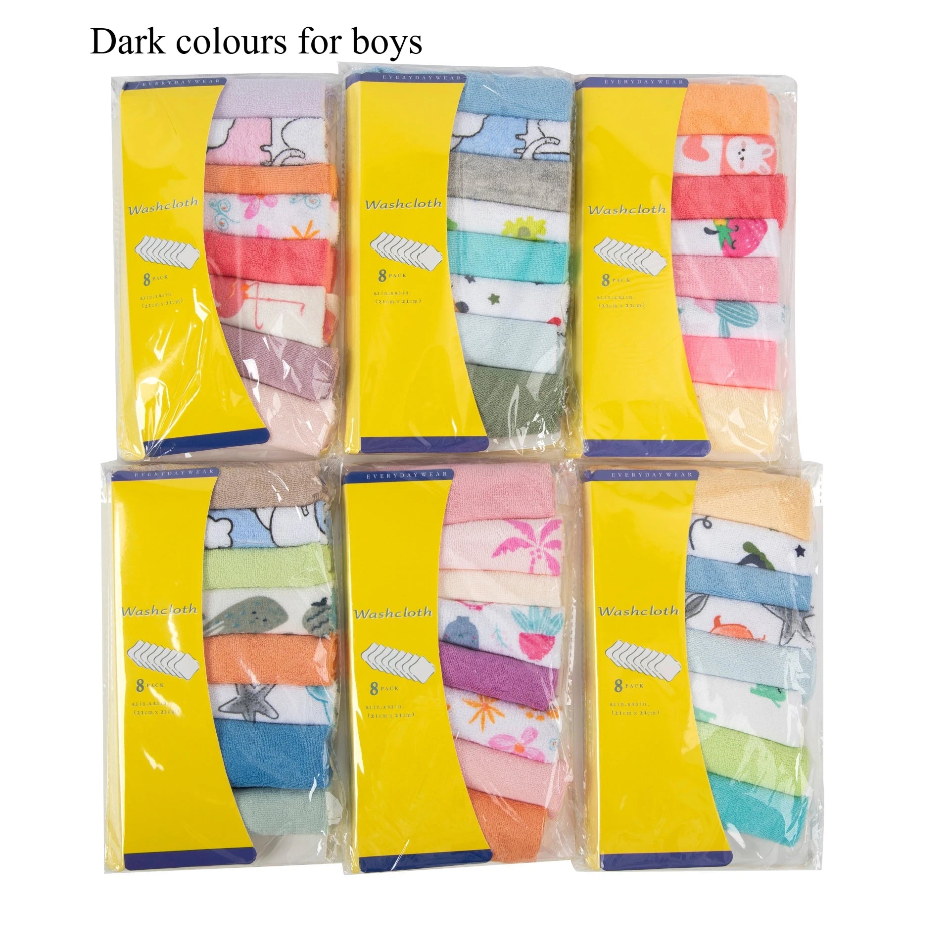 8-pack baby washcloths with assorted colorful designs, soft cotton baby care essentials for cleaning and bathing.