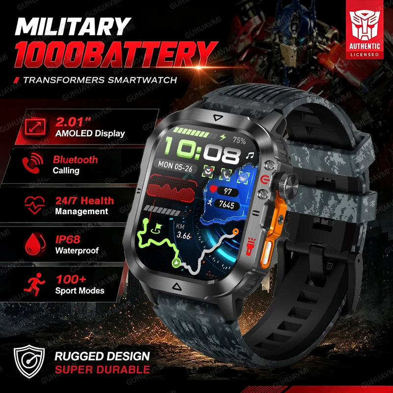 Dark gray rugged men’s smartwatch with green-and-blue display and gray band