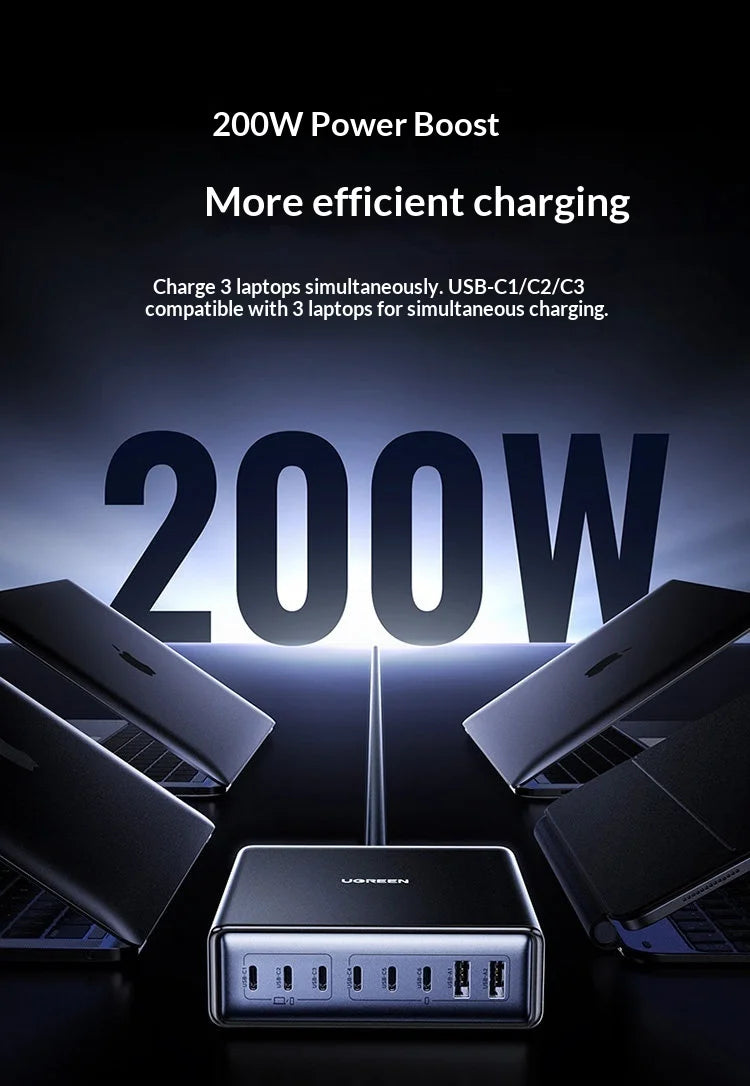 UGREEN 200W GaN Charger 8 in 1 Desktop Laptop Fast Charging Stand For Phone Tablets Smart Watch Desktop Charging Station iPad