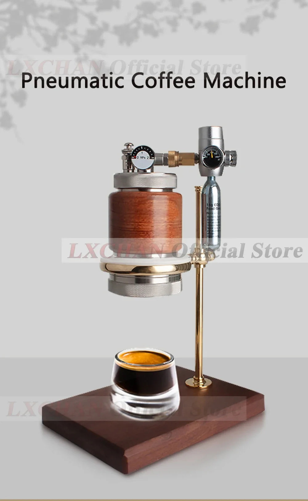 LXCHAN pneumatic coffee machine with wood accents, pressure gauge, and brass stand on a wooden base with espresso cup.