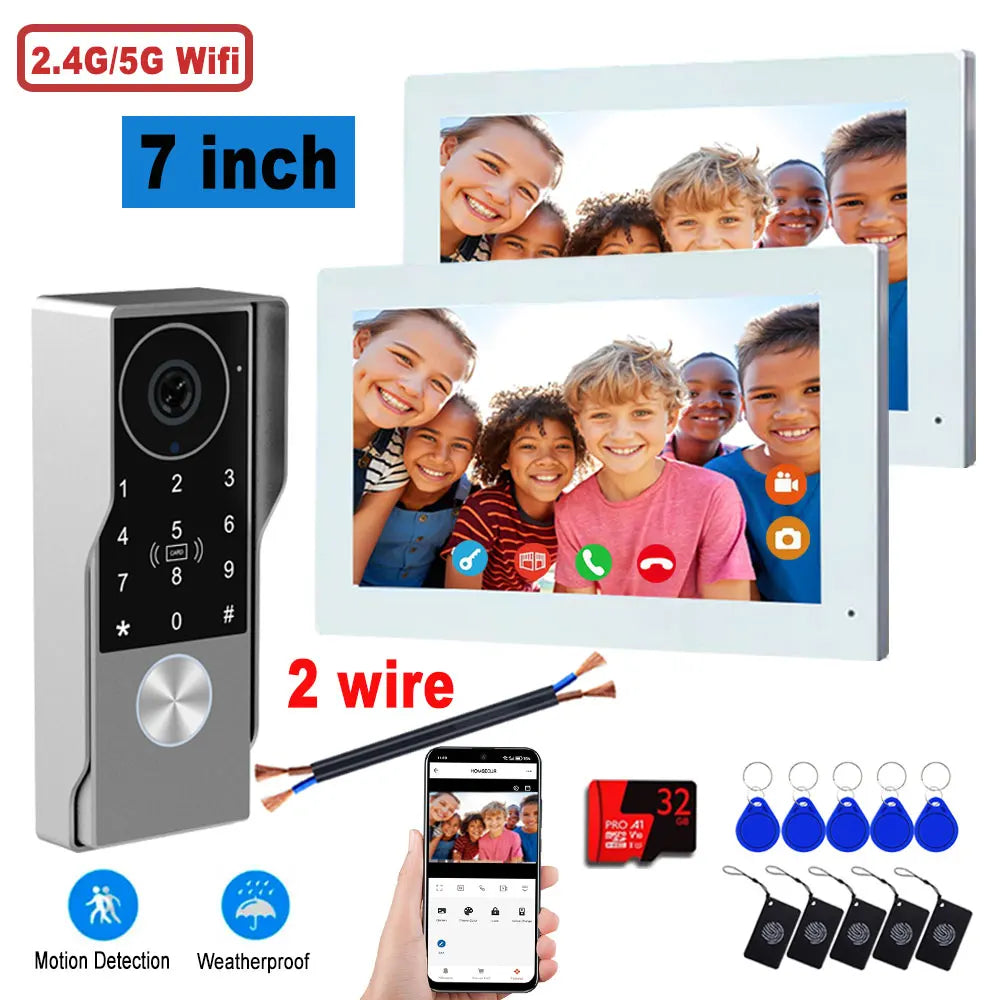 2-wire 7-inch video door intercom kit with white monitors, black keypad door panel, key tags