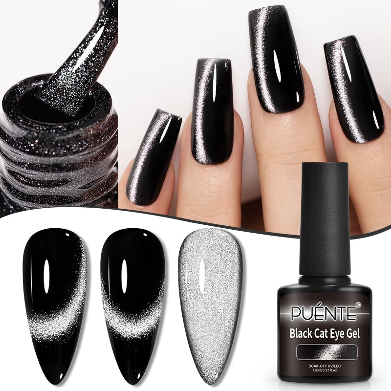 Black cat eye soak-off gel polish with a shimmering silver magnetic effect, shown on brush, bottle, and manicured nails.