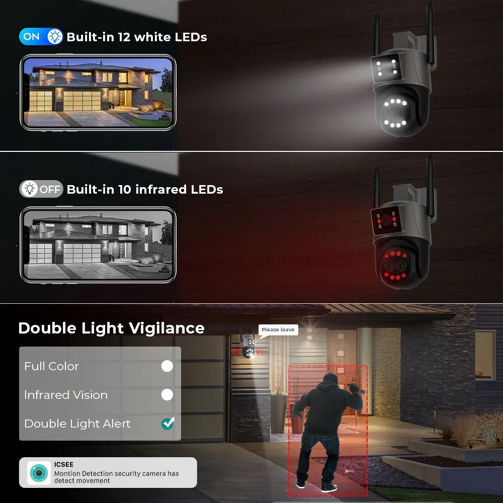 9MP 4.5K Three Lens WIfi  IP Camera Outdoor 8X Zoom Dual Screens AI Human Detect Auto Tracking  Home Security CCTV Surveillance