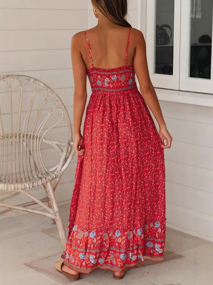 Happie Queens Women Fashion Strapless Bohemian Maxi Dress Lady Summer Vacation Beach Boho Dress Robe