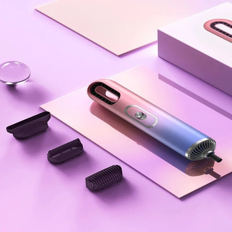 Pink-blue professional ionic hair dryer with three styling attachments and high-speed design on a purple background.