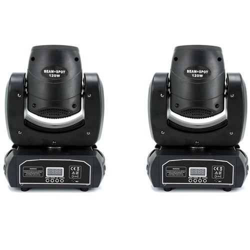 Mini moving head LED light, black housing, front view with beam-spot label