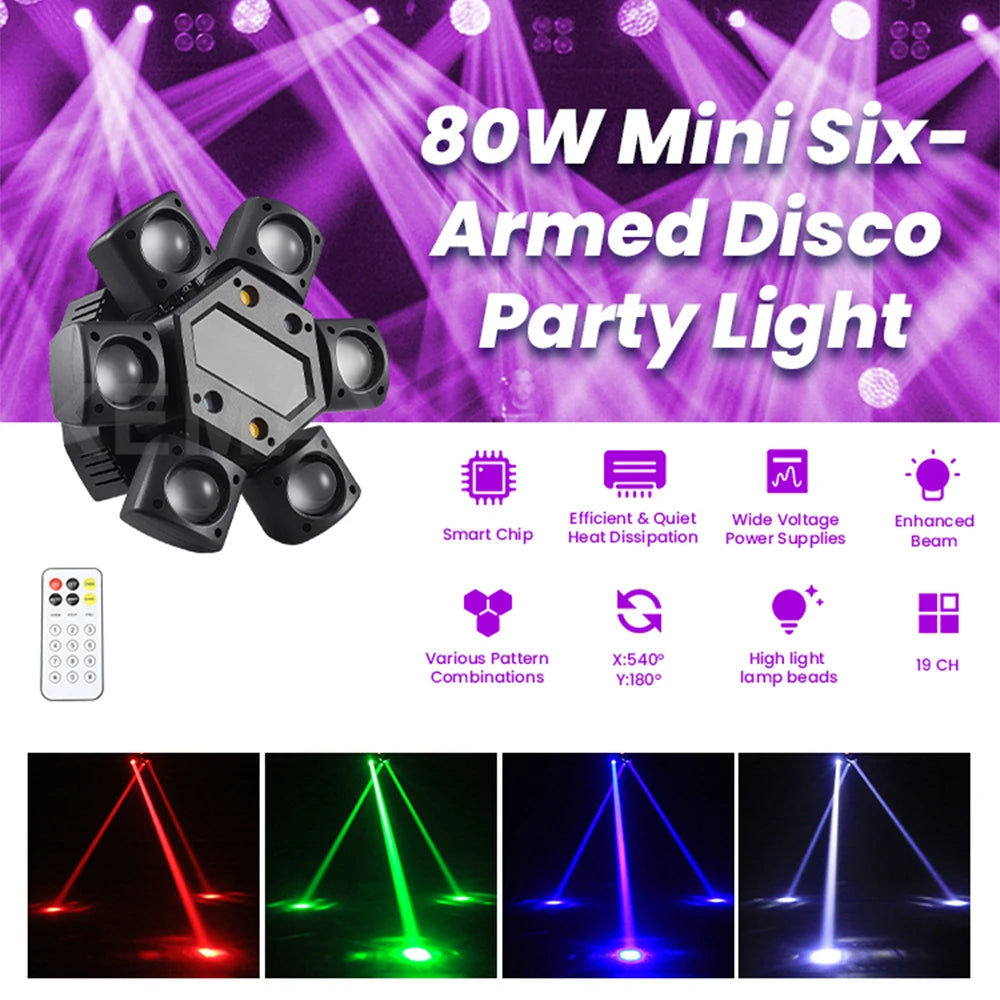80W Disco Party Light 6-arm Mini Beam Moving Head Strobel Effect Lights Remote DMX512 Control DJ Mobile Stage For Club Wedding