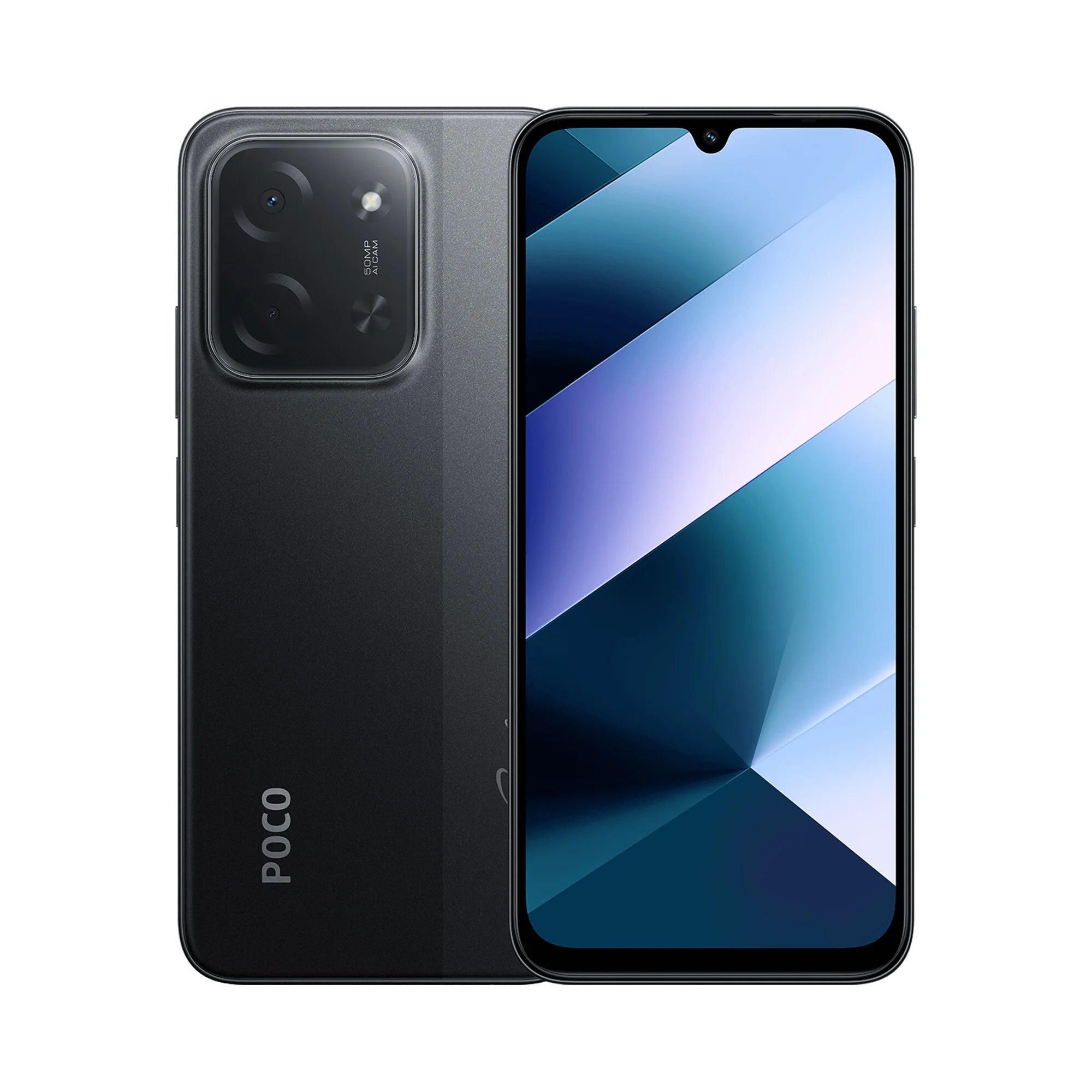 Poco C65 smartphone in matte black. Slim rectangular touchscreen with a rear-facing dual camera system.
