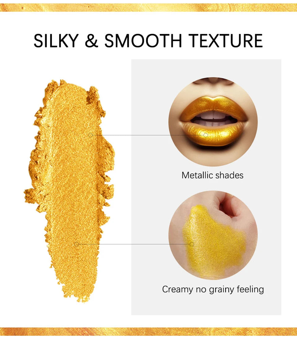 Metallic gold lipstick swatch showing silky, creamy texture on lips and skin. Waterproof shimmer lip makeup.