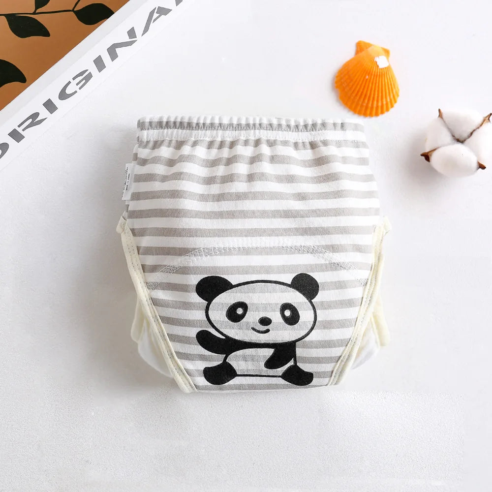 Grey and white striped baby training diaper with cute panda print design for baby care.