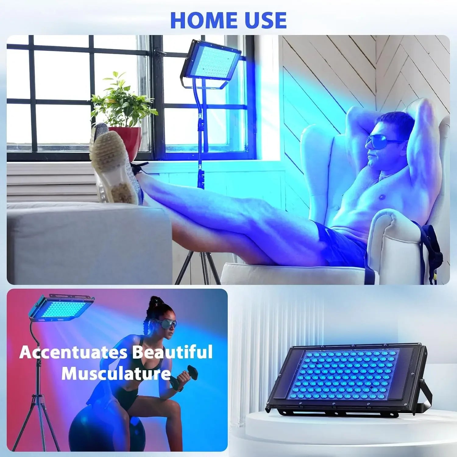 50W blue light tanning lamp on tripod stand with 96 LEDs for home body tanning and skin care.
