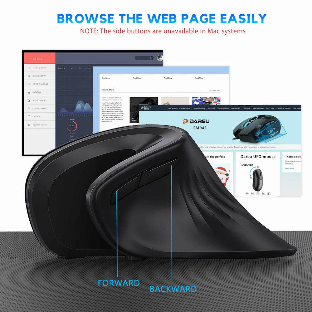 DAREU Ergonomic Vertical Wireless Mouse 2.4Ghz Optical Skin 6 Buttons Comfortable Gaming Mice with Adjustable DPI For Computer