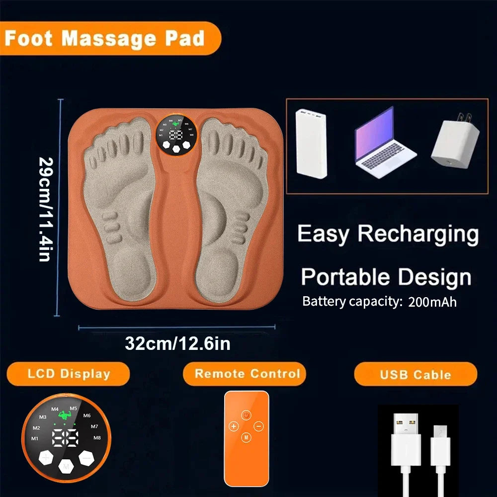 Portable orange 3D smart foot massage pad with remote, LCD display, 8 modes, 29 levels, and USB rechargeable design.