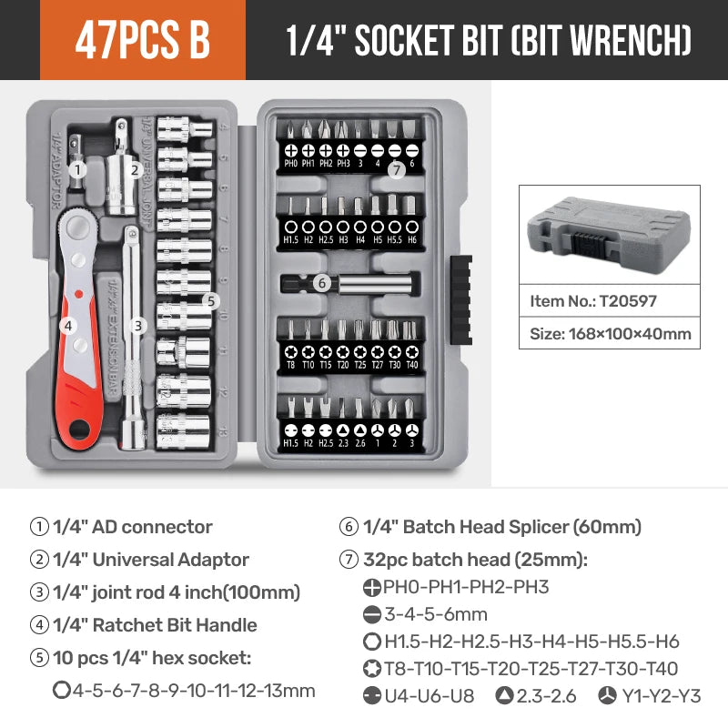 Hi-Spec 1/4" Drive Quick-Release 40 in 1 Ratchet Socket Bit Set Cr-V Steel Phillips/Slotted Screwdrivers for Repair & Hand Tools