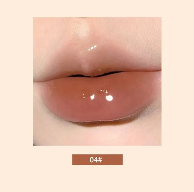 Glossy mirror-finish lipstick in shade 04, a moisturizing jelly lip glaze with a high-shine water light texture.