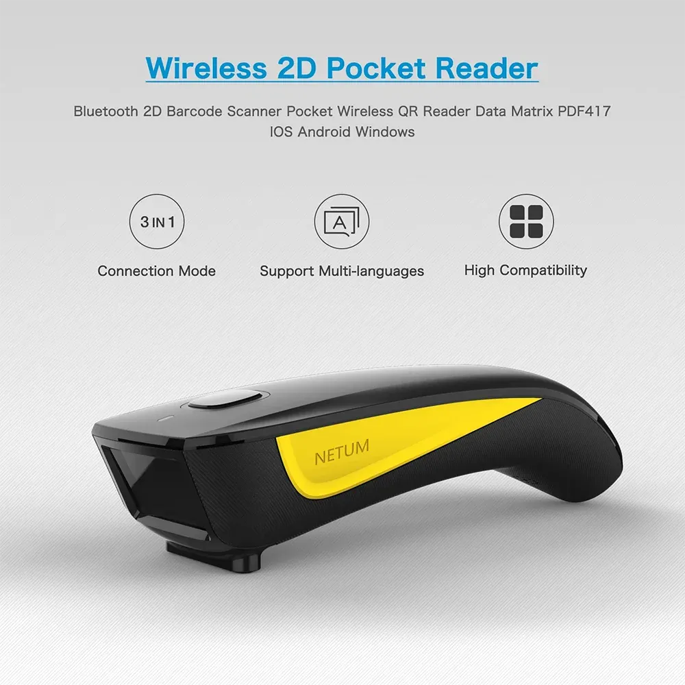 Wireless 2D pocket barcode reader with black body and yellow indicator window
