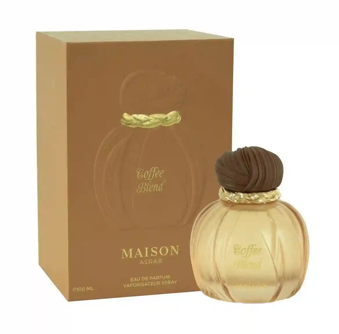 Maison Asrar Coffee Blend Unisex EDP 100ml: Oriental vanilla coffee perfume in round ribbed bottle with brown cap.
