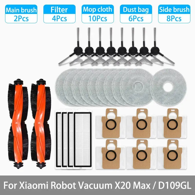 Replacement cleaning kit with two main brushes, multiple filters, mop cloths, and dust bags
