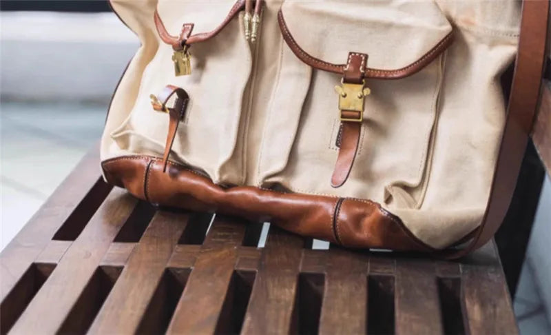 Organizers designers handmade heavy canvas genuine leather men's large-capacity handbags vintage luxury outdoor travel tote bag