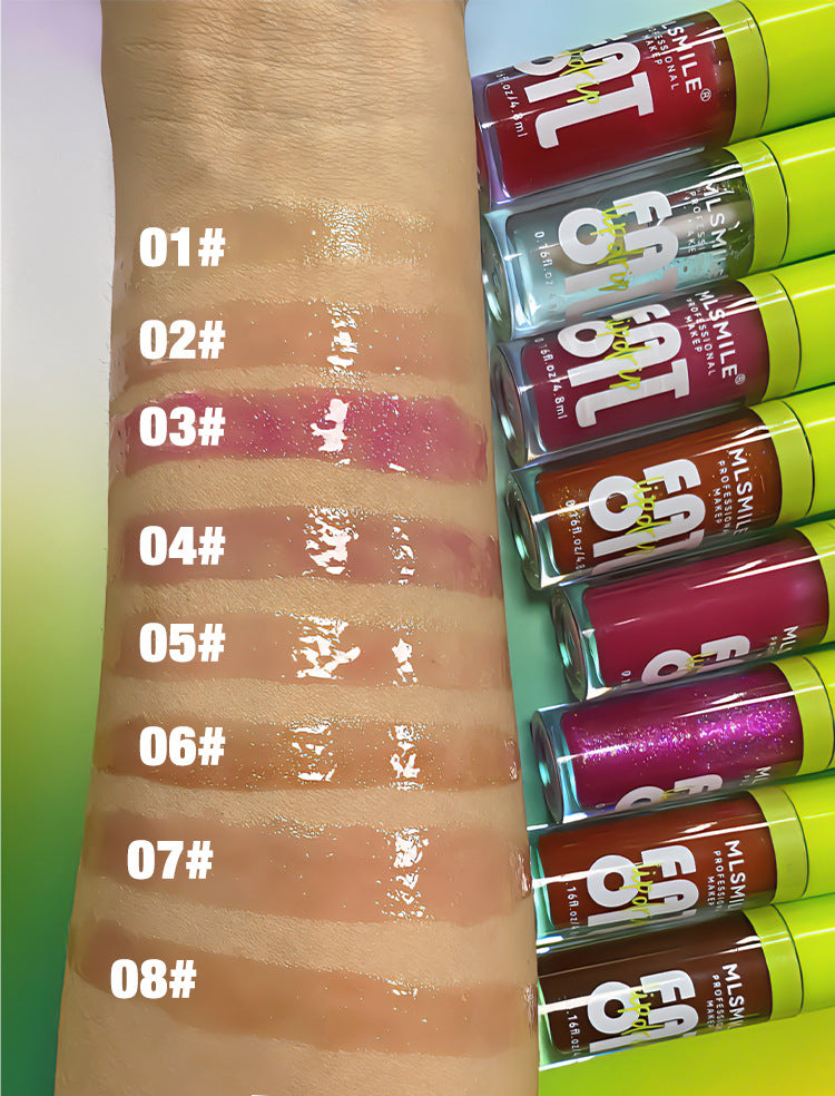 Swatches of moisturizing glitter lip gloss and plumping liquid lipstick in 8 shades on arm, glossy finish.