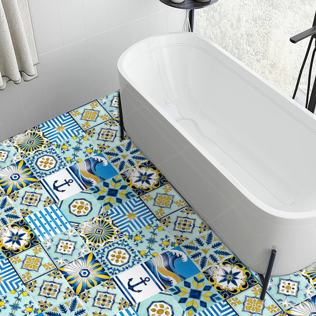 16pcs Portuguese Azulejo Tile Decals - Blue Yellow Floral Geometric Self-Adhesive Wall Stickers for Home Decor