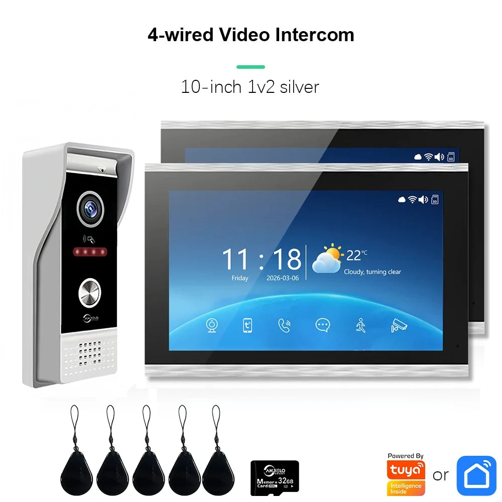 4-wired video intercom with 10-inch monitor, silver indoor unit, two door stations