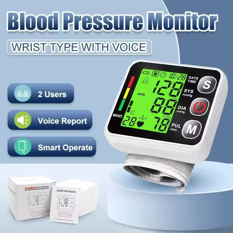 Wrist Digital Blood Pressure Monitor Heart Rate Pulse Meter Measure Sphygmomanometer LCD Screen Portable Health Care Tonometer