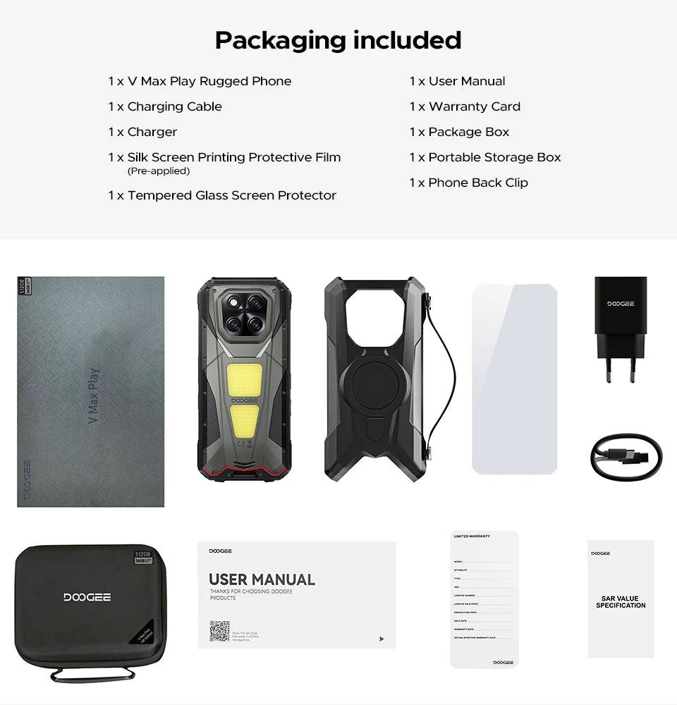 DOOGEE V Max Play 5G Projector Rugged Phone 6.78" 120Hz 20500mAh Dual Camping Lights16GB+512GB 200MP Main Camera NFC Smartphone