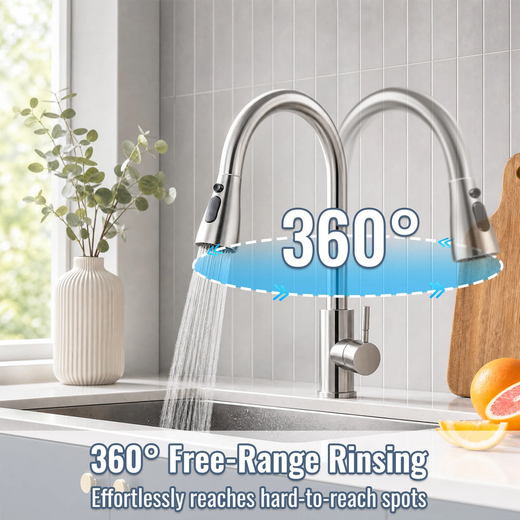 Stainless Steel Faucet Kitchen Faucet Sink Faucet with Pull Down Sprayer Hot and Cold Dual Control Bar Sink Faucet Rotation Faucet Showerhead and Bubble Water Flow