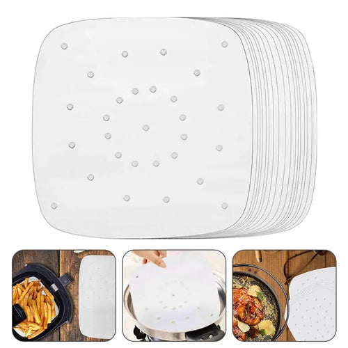 Square perforated parchment paper liners set, showing a stack of multiple sheets