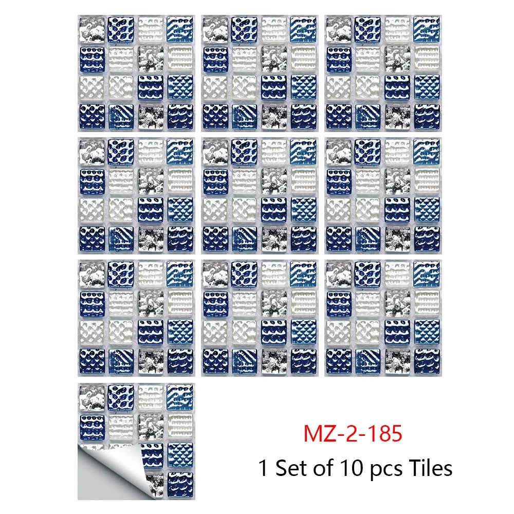 Mosaic tile sticker set, 10pcs white and blue mosaic square tiles with speckled texture
