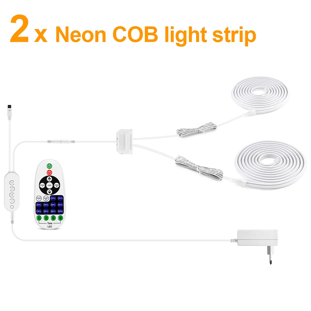 2x neon COB LED strip light set with controller, adapter, and remote