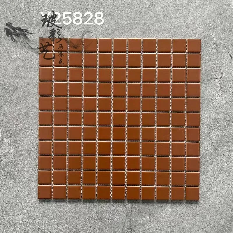 Terracotta brown ceramic mosaic tile sheet with glossy square grid and light grout lines