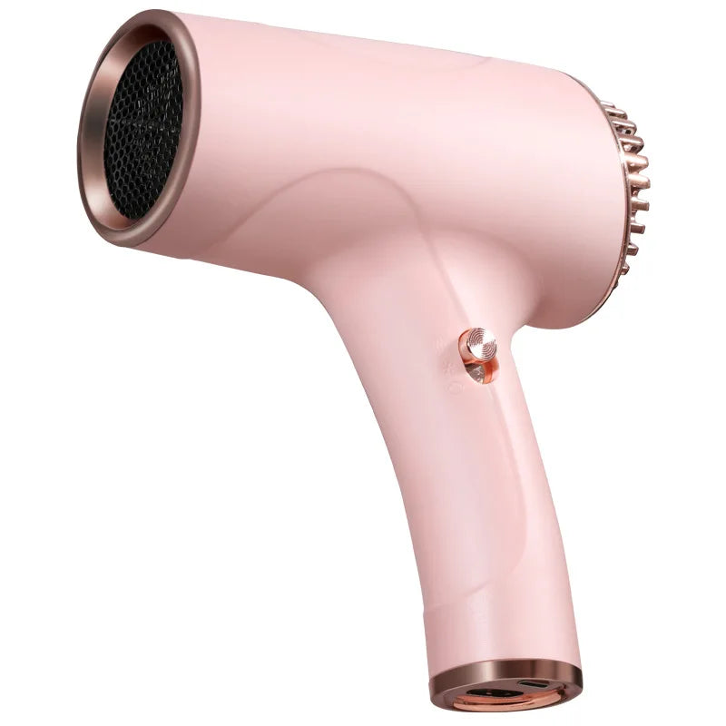 Wireless portable pink hair dryer with rose gold accents, negative ion technology, and compact professional design.