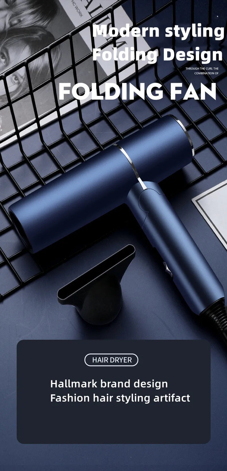 Blue foldable 1200W negative ion hair dryer with nozzle attachment for fast, portable travel hair styling.