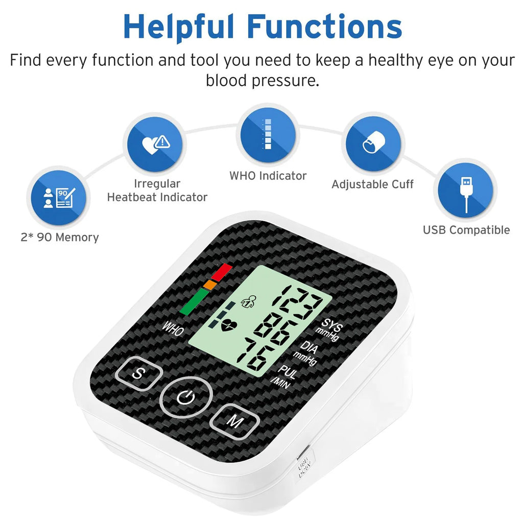 Upper Arm Blood Pressure Monitor with 36cm Cuff Automatic Digital Medical BP Tensiometer Heart Rate Detector Portable Home Care