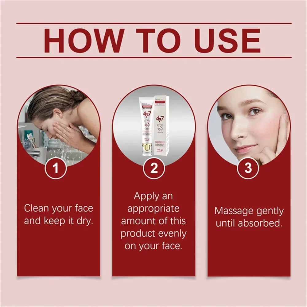Infographic showing three steps to use white spot-removing cream, featuring a tube and box, on a light pink background.