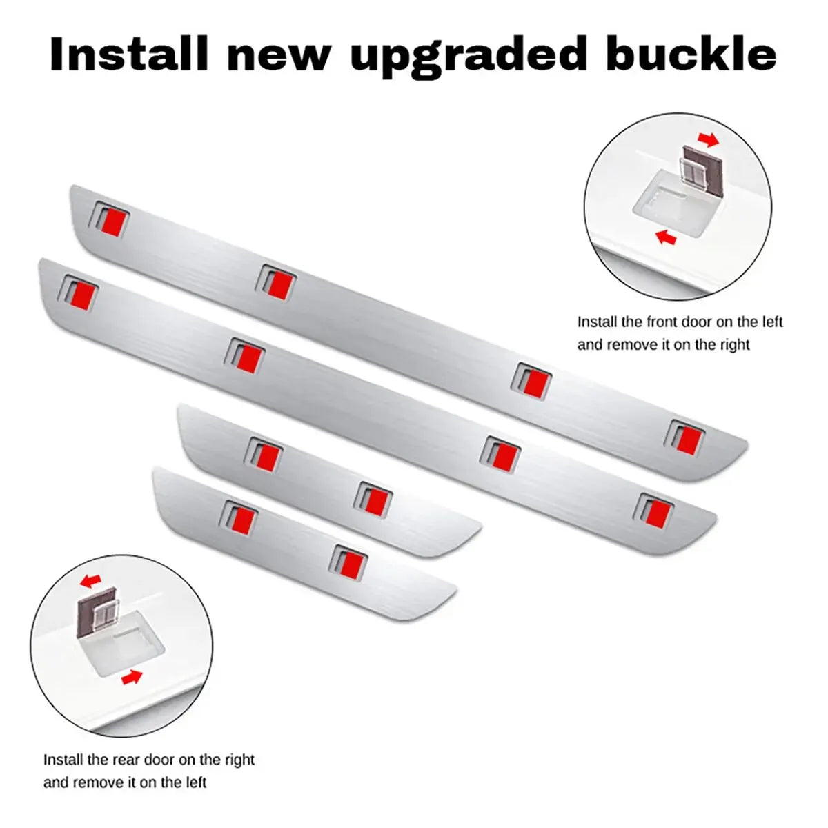 Four silver metallic car door sill protector strips with adhesive clips for exterior door frame installation.