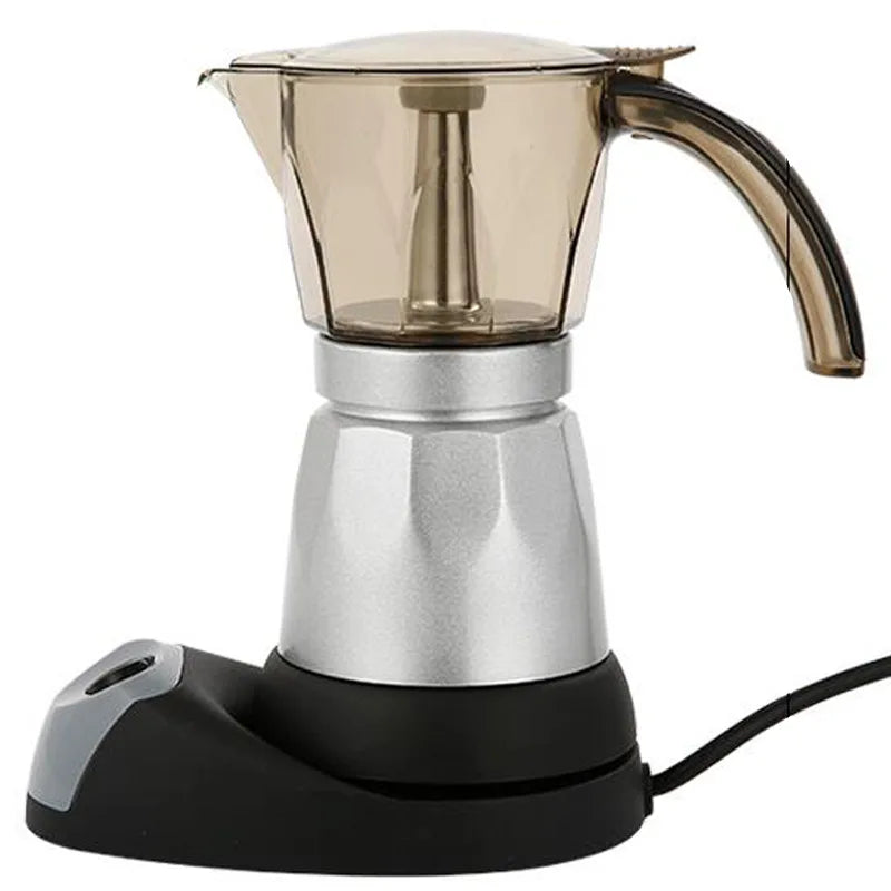 Electric moka pot with silver metal base, transparent brown top, and black electric heating plate.