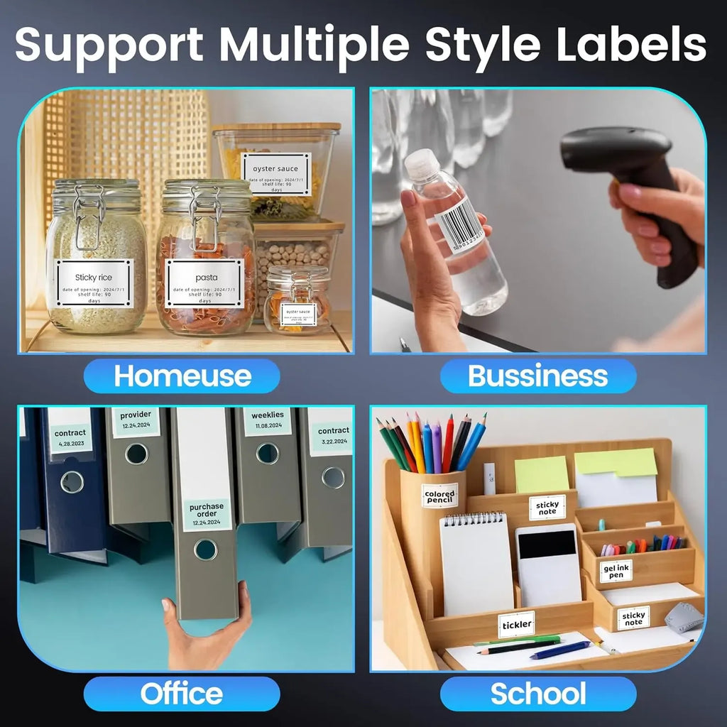 Printed label samples for bottles, office folders, and school organization