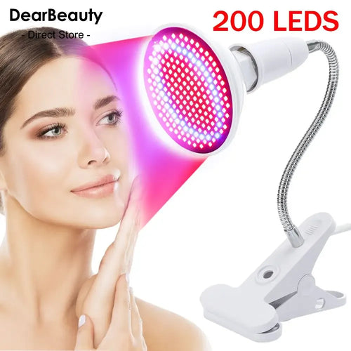 Round 200 LED red light therapy device with clip-on arm for skin wellness and facial rejuvenation.