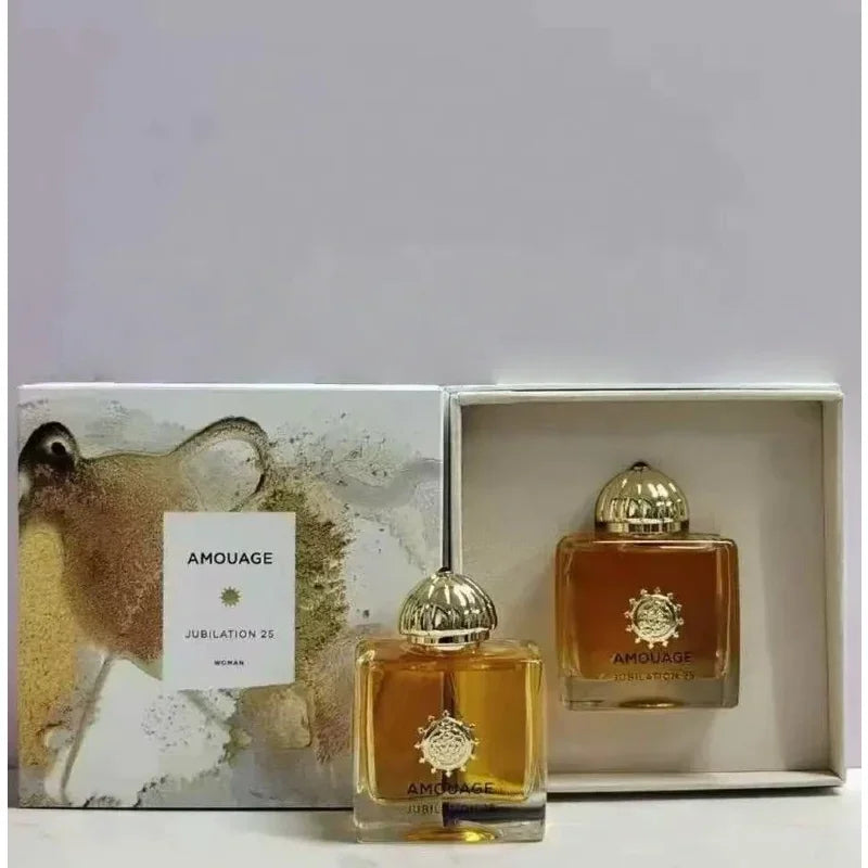 Amouage Jubilation 25 Woman EDP: Luxury woody oriental scent in iconic gold-capped square glass bottle set.
