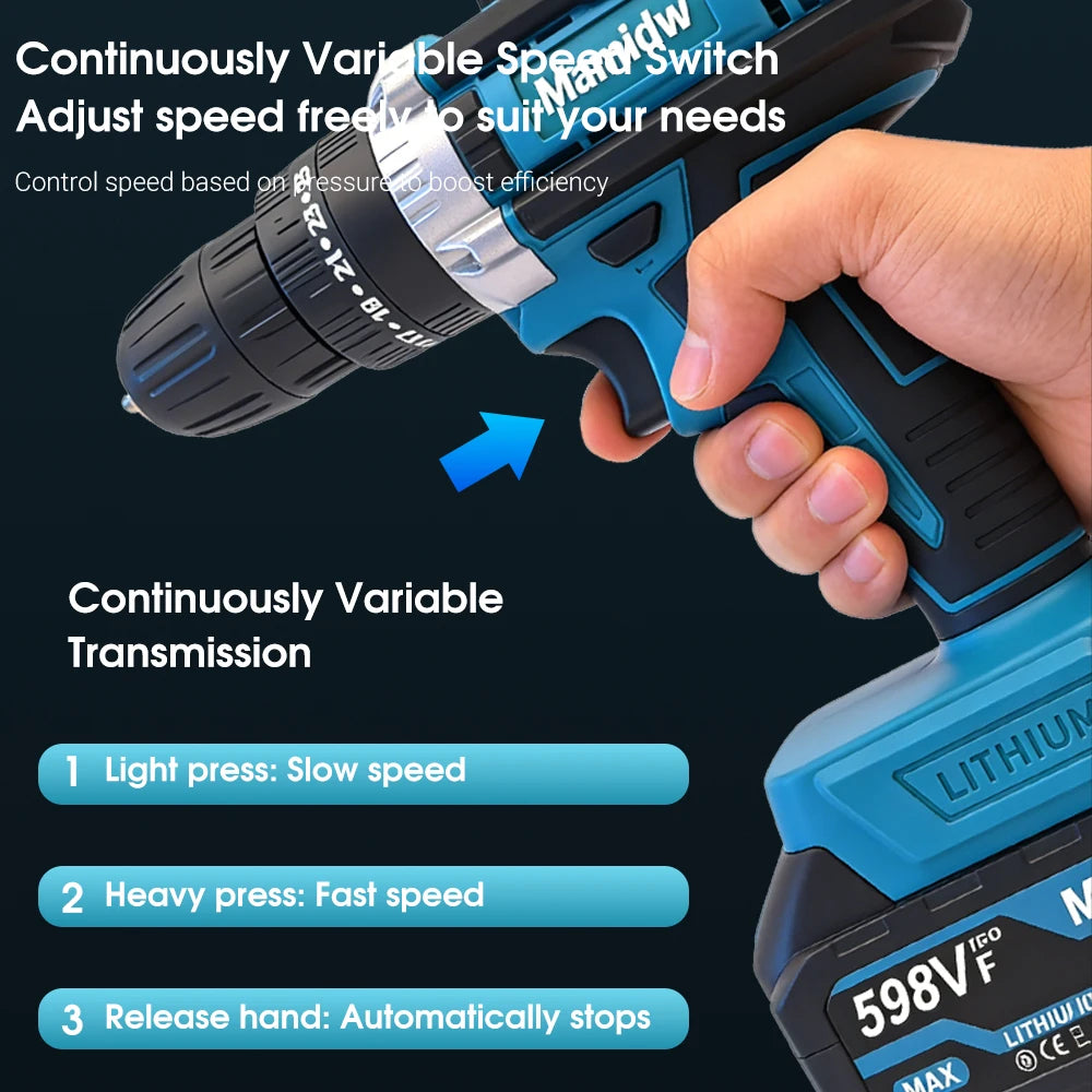 Mamidw 100N.m Industrial Cordless Drill Set, 3/8 Inch Keyless Chuck, LED Lighting, Practical Men Gift, Electric Drill, Compatible with Makita 18V Battery PIN.