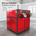 Dry ice pelletizer in red and black with dual nozzles, digital control panel, and gauges for industrial production.