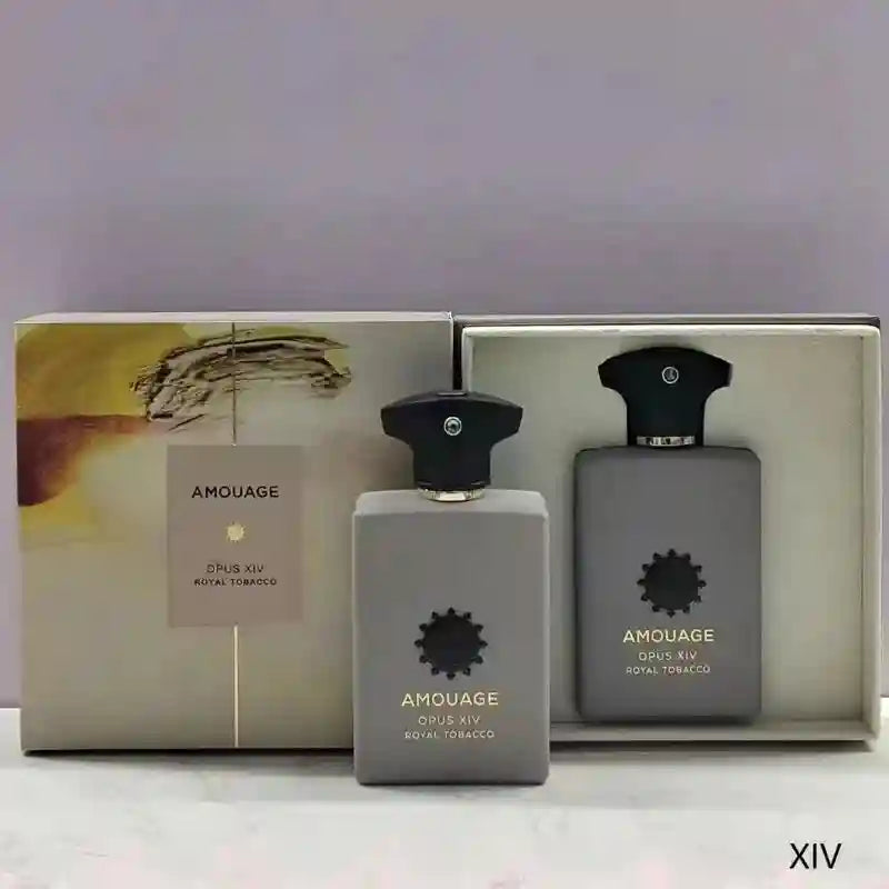 Amouage Opus XIV Royal Tobacco: Grey rectangular bottle, woody tobacco EDP luxury men’s fragrance in gift box set.