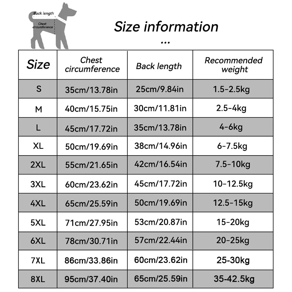 Size chart for dog winter sweaters, coats, and hoodies. Fits small pets to large Golden Retrievers, sizes S-8XL.