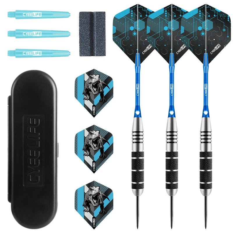 CyeeLife 26g steel tip dart set with blue aluminum shafts, dinosaur PET flights, and storage case for precise throwing.