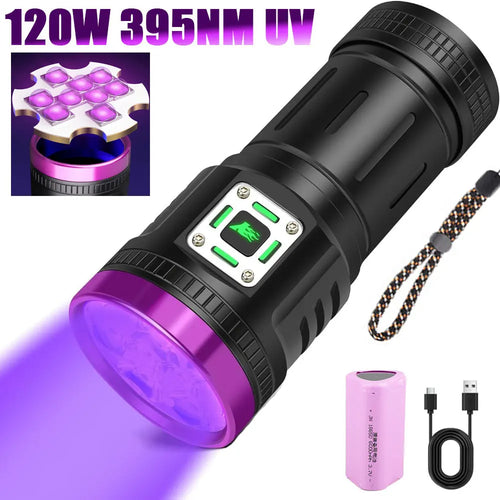120W rechargeable UV blacklight flashlight for pet urine detection with 9-core LED and USB charging.