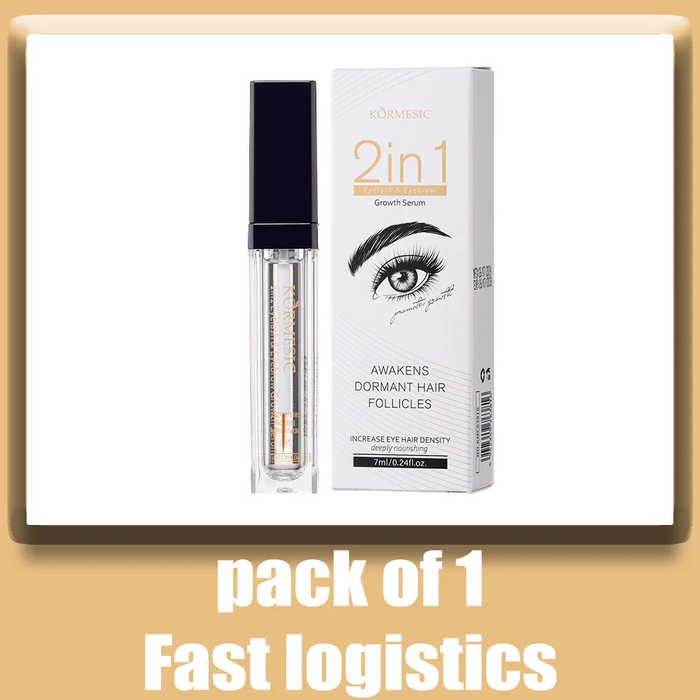 Kormesic 2-in-1 eyelash and eyebrow growth serum in a clear tube next to its white packaging box.