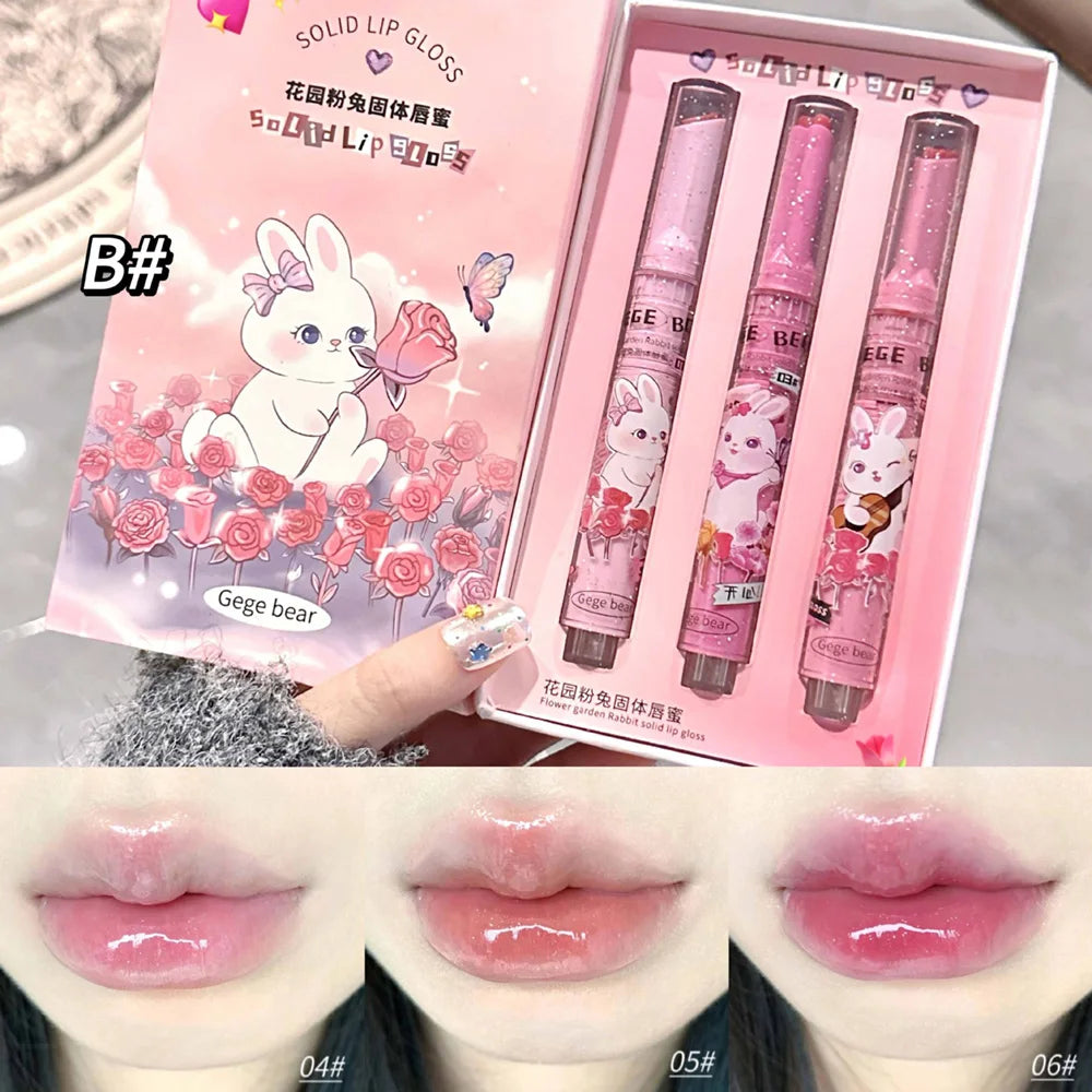 Gege Bear Garden Rabbit solid lip gloss set featuring three moisturizing, watery-finish colored lip balms in pink shades.